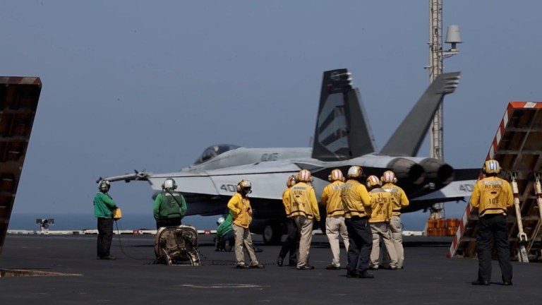 This image from video provided by U.S. Central Command shows a F/A-18E Super Hornet
