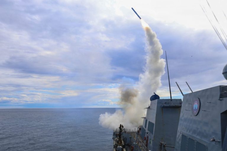A missile is launched from an American aircraft carrier