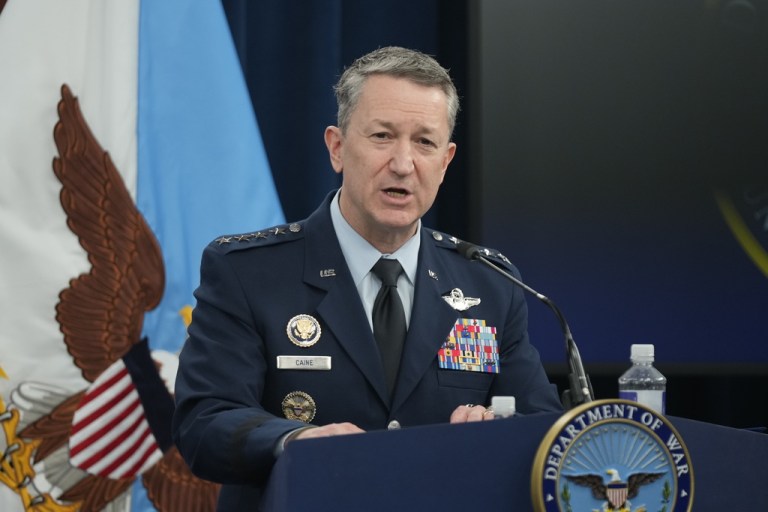 Chairman of the Joint Chiefs of Staff Gen. Dan Caine speak during a press briefing at the Pentagon, Monday, March 2, 2026, in Washington.