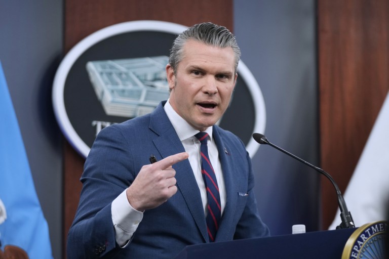 Defense Secretary Pete Hegseth speaks during a press briefing at the Pentagon, Monday, March 2, 2026, in Washington.