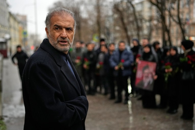 Iran's Ambassador to Russia Kazem Jalali leads a mourning ceremony for late Supreme Leader Ali Khamenei.