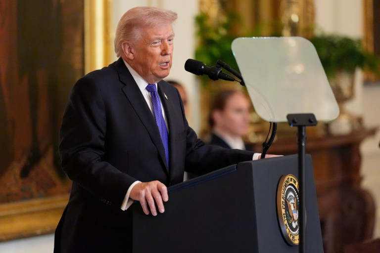 President Donald Trump stated Monday that he will maintain the ongoing military operations in Iran to honor the four American service members killed by Tehran's retaliatory attacks. (AP Photo/Mark Schiefelbein)