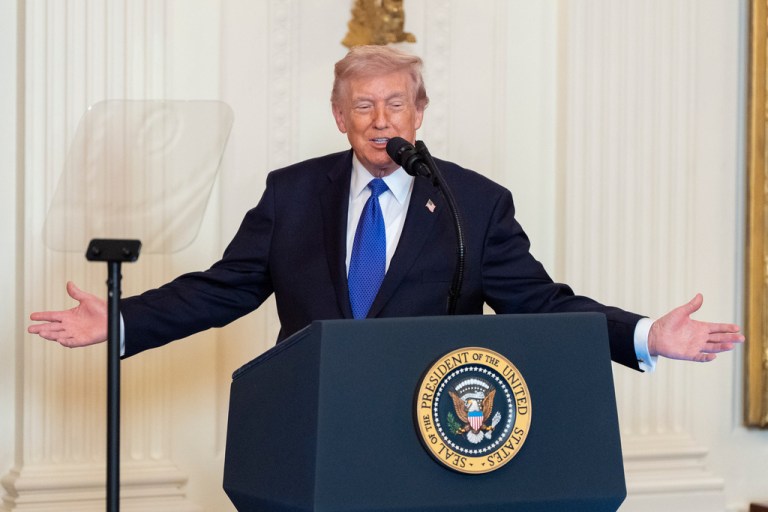President Donald Trump speaks during a Medal of Honor ceremony in the East Room of the White House, Monday, March 2, 2026, in Washington