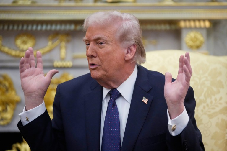 President Donald Trump speaks during a meeting with German Chancellor Friedrich Merz in the Oval Office