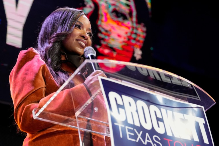 Rep. Jasmine Crockett, D-Texas, a Democratic candidate for U.S. Senate, speaks during a primary election watch party Tuesday, March 3, 2026, in Dallas. (AP Photo/Tony Gutierrez)