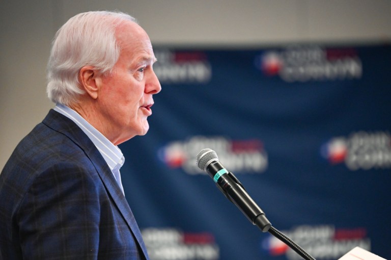 Sen. John Cornyn, R-Texas, speaks to the media Tuesday, March 3, 2026, in Austin, Texas
