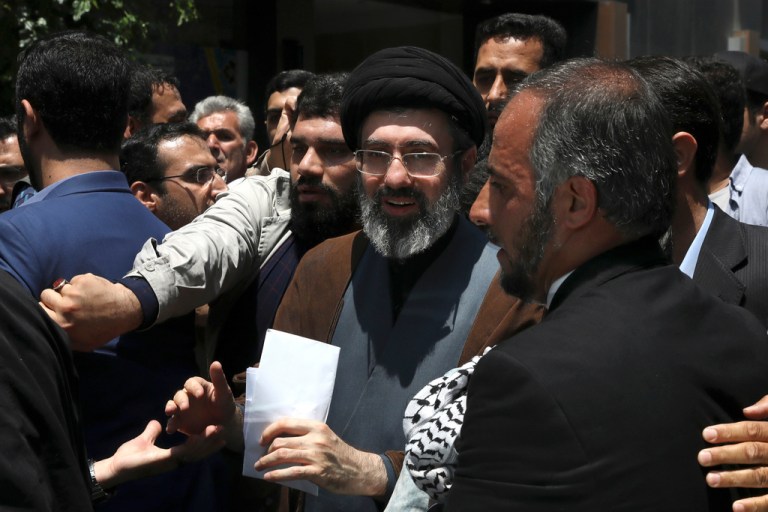 Mojtaba Khamenei, the son of Iranian Supreme Leader Ayatollah Ali Khamenei, center, attends the annual Quds, or Jerusalem Day rally in Tehran, Iran, on May 31, 2019.