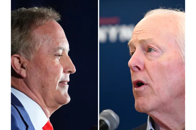 This photo combination shows Texas Attorney General Ken Paxton, left, in Dallas and Sen. John Cornyn, R-Texas, in Austin, Texas, both on March 3, 2026.