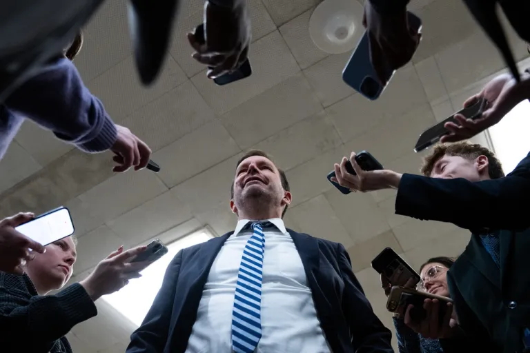 Sen. Chris Murphy, D-Conn., speaks to reporters following votes at the Capitol, Thursday, March 5, 2026, in Washington