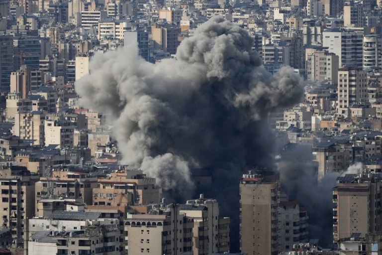 Smoke rises following an Israeli airstrike in Dahiyeh, Beirut's southern suburbs, Lebanon, Friday, March 6, 2026. (AP Photo/Hussein Malla)