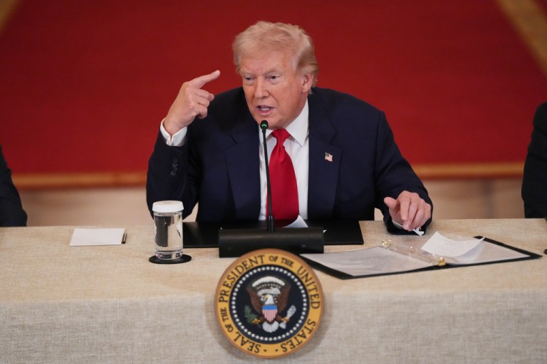 President Donald Trump speaks during a roundtable discussion on college sports in the East Room of the White House, Friday, March 6, 2026, in Washington. (AP Photo/Julia Demaree Nikhinson)