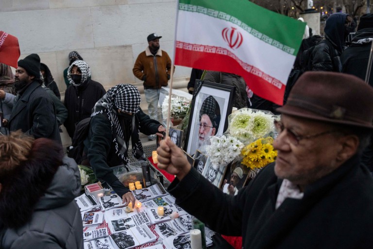 Demonstrators set up a make-shift memorial for a vigil honoring the late Iran's Supreme Leader Ayatollah Ali Khamenei in New York, Friday, March 6, 2026. (AP Photo/Yuki Iwamura)
