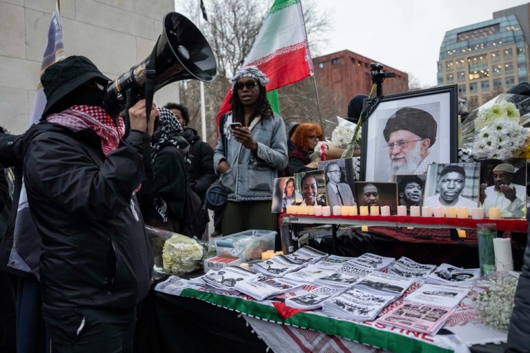 Demonstrators chant during a vigil honoring the late Iran's Supreme Leader Ayatollah Ali Khamenei in New York, Friday, March 6, 2026. (AP Photo/Yuki Iwamura)