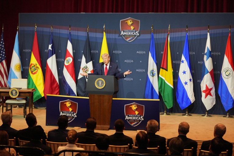 President Donald Trump speaks at the Shield of the Americas Summit, Saturday, March 7, 2026, at Trump National Doral Miami in Doral, Fla. (AP Photo/Rebecca Blackwell)