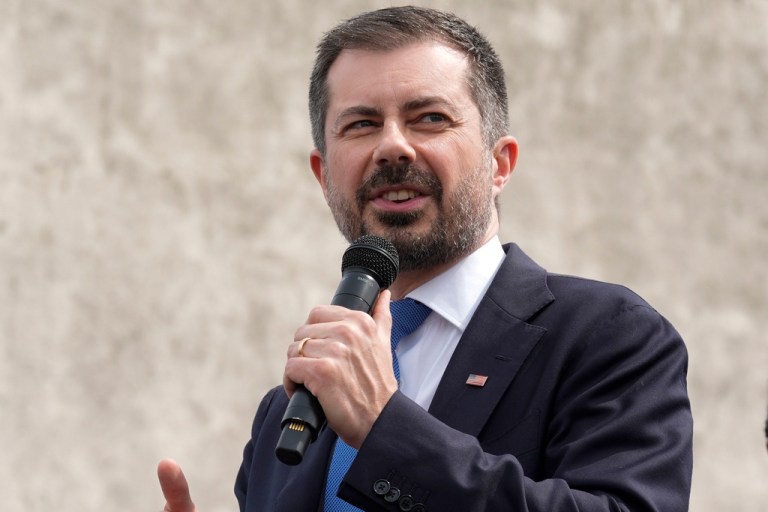 Former U.S. Sec. Transportation Pete Buttigieg speaks ahead of the 61st Bloody Sunday Anniversary march, Sunday, March 8, 2026, in Selma, Ala. (AP Photo/Mike Stewart)