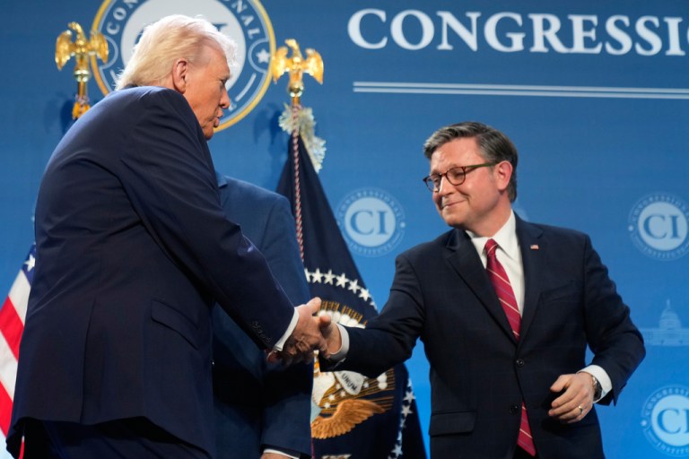 President Donald Trump shakes hands with House Speaker Mike Johnson of La., as he arrives to speak at the Republican Members Issues Conference, Monday, March 9, 2026, at Trump National Doral Miami in Doral, Fla. (AP Photo/Mark Schiefelbein)