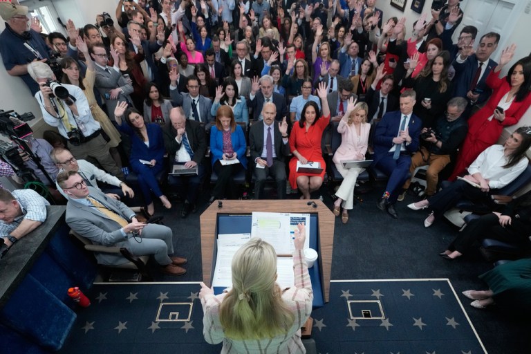 White House press secretary Karoline Leavitt appeared to give President Donald Trump an offramp Tuesday for ending Operation Epic Fury without an official surrender from Tehran. (AP Photo/Julia Demaree Nikhinson)