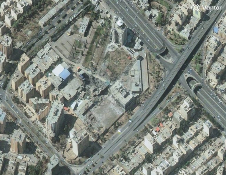 Damaged buildings following airstrikes on the optical industries factory in Iran.