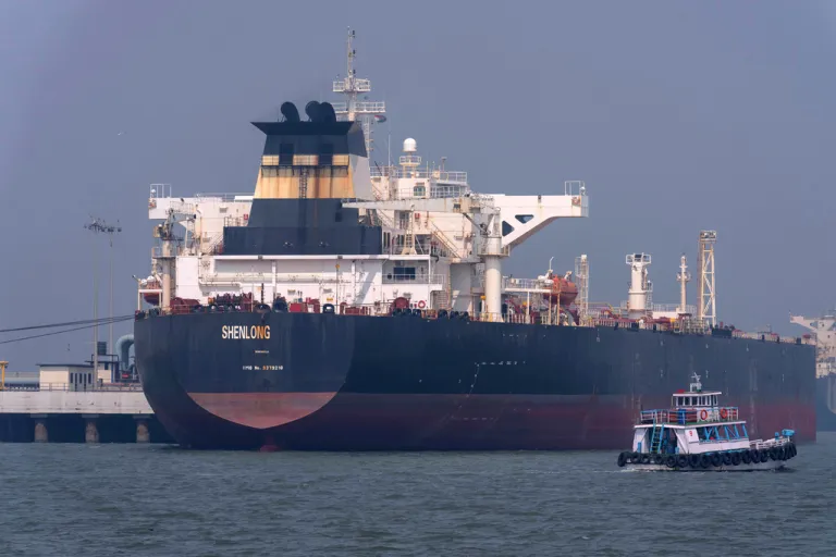 Liberia-flagged tanker Shenlong Suezmax, carrying crude oil from Saudi Arabia and clearing the Strait of Hormuz, is seen at the Mumbai Port in Mumbai, India.