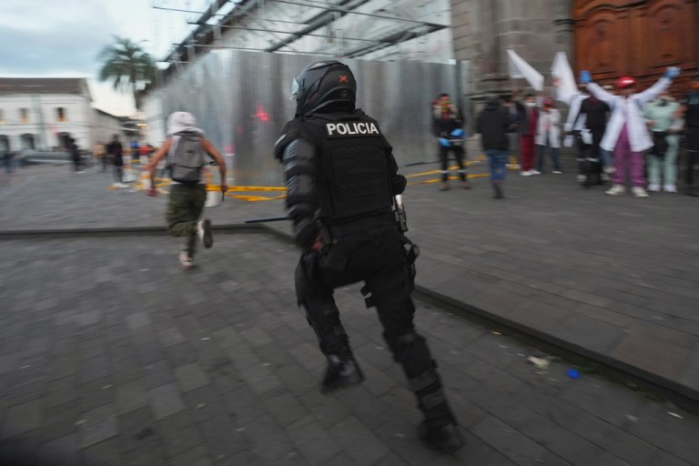 A police officer chases a protester in Ecuador.