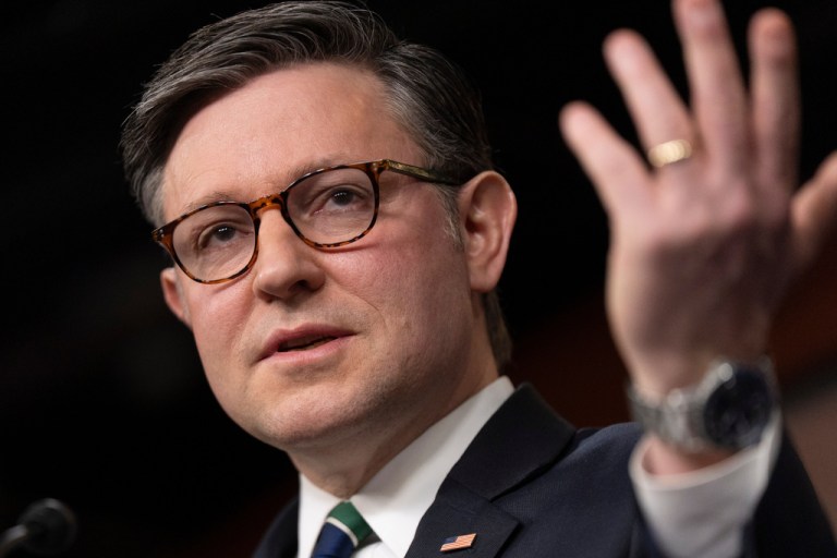 House Speaker Mike Johnson speaks to members of the media on Capitol Hill in Washington, Tuesday, March 17, 2026. (AP Photo/Manuel Balce Ceneta)