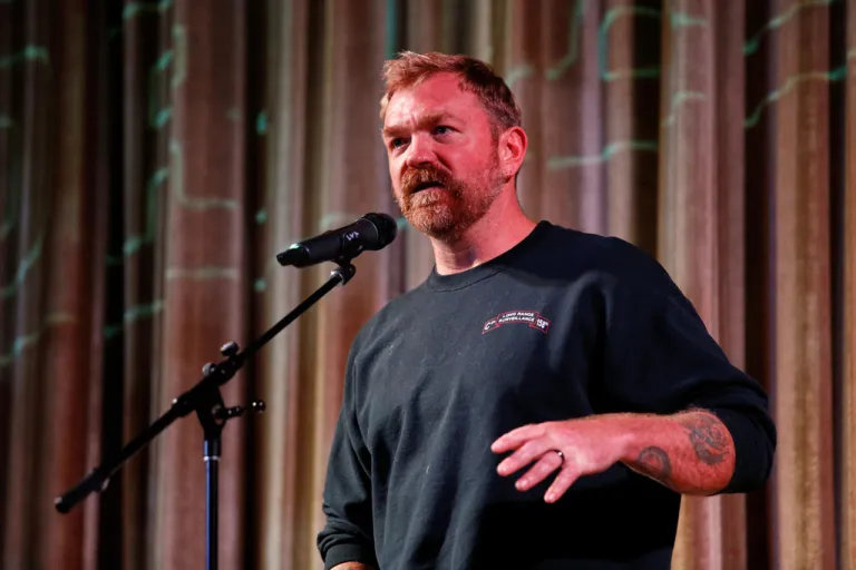 Democratic Maine Senate candidate Graham Platner speaks at a town hall in Ogunquit, Maine, Oct. 22, 2025.