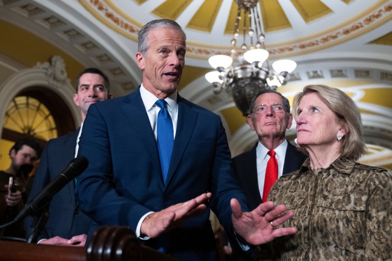 Senate Majority Leader John Thune, R-S.D., second from left, with, from left, Sens. Tom Cotton, R-Ark., John Barasso, R-Wyo., and Shelley Moore Capito, R-W.Va., speaks to members of the media on Capitol Hill in Washington, Tuesday, March 17, 2026.