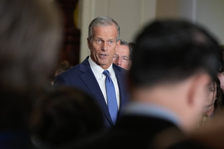 Sen. Majority Leader John Thune, R-S.D., speaks during a news conference after a policy luncheon on Capitol Hill, Tuesday, March 17, 2026, in Washington. (AP Photo/Mariam Zuhaib)