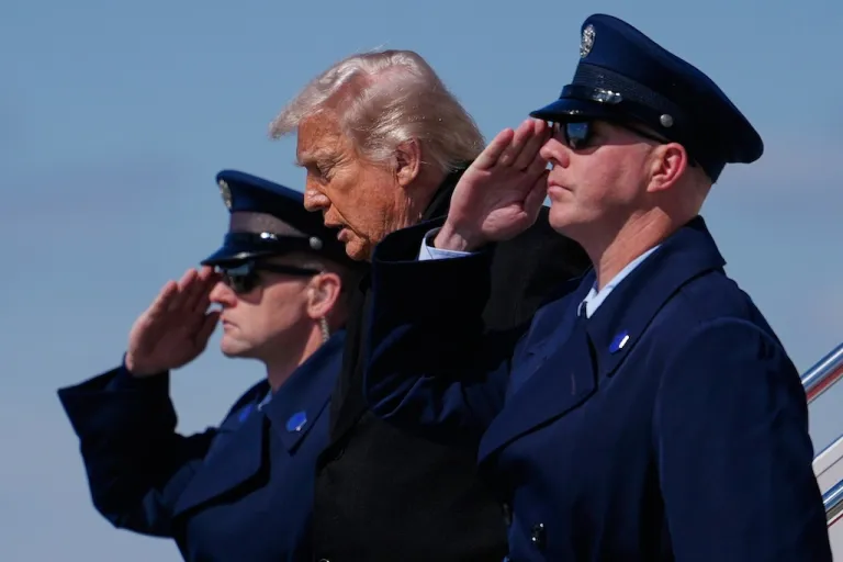 President Donald Trump arrives on Air Force One, Wednesday, March 18, 2026, at Dover Air Force Base, Del., to attend the casualty return for the six crew members of an Air Force refueling aircraft who died when their plane crashed in western Iraq while supporting operations against Iran. (AP Photo/Julia Demaree Nikhinson)