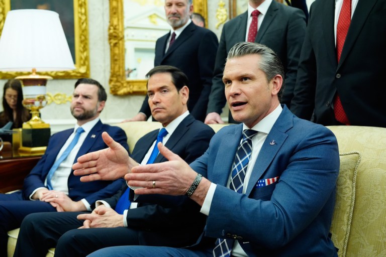 Secretary of Defense Pete Hegseth, right, with seated from left, Vice President JD Vance and Secretary of State Marco Rubio, speaks during a meeting with President Donald Trump and Japan's Prime Minister Sanae Takaichi in the Oval Office of the White House, Thursday, March 19, 2026, in Washington. (AP Photo/Alex Brandon)