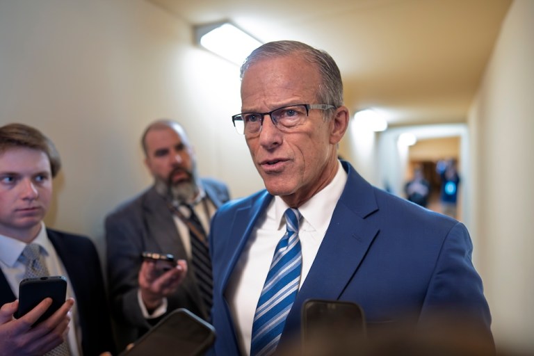 Senate Majority Leader John Thune (R-SD) speaks with reporters at the Capitol.