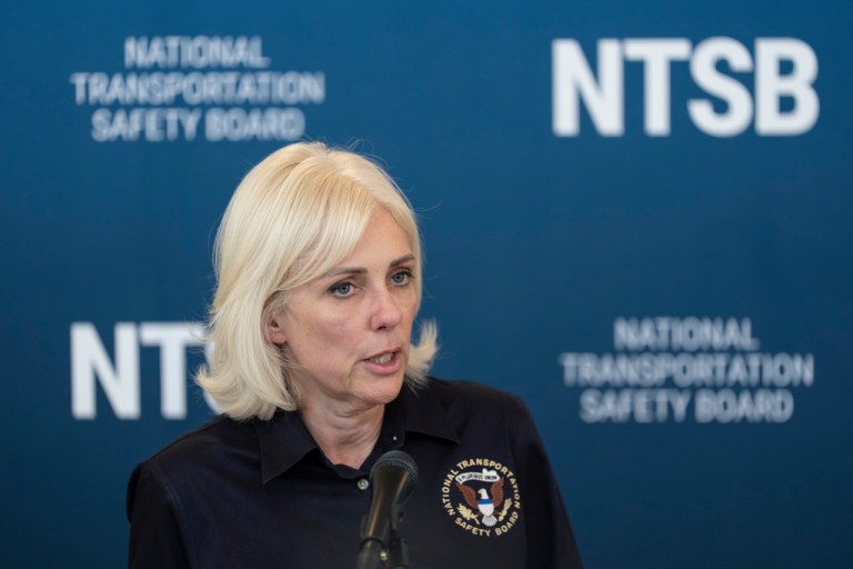 Jennifer Homendy, the NTSB chairwoman, speaks during a press conference, Tuesday, March 24, 2026, at LaGuardia Airport in New York.