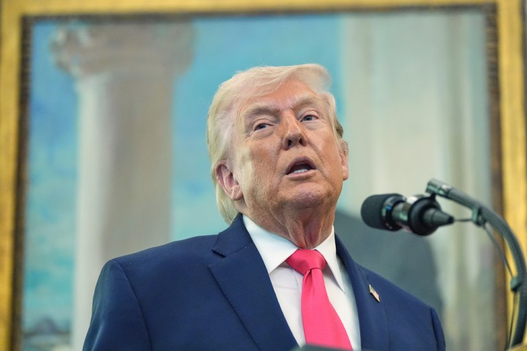 President Donald Trump speaks during the swearing in for Homeland Security Secretary Markwayne Mullin in the Oval Office of the White House, Tuesday, March 24, 2026, in Washington. (AP Photo/Alex Brandon)