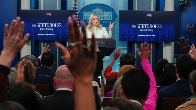 White House press secretary Karoline Leavitt speaks to reporters at the White House.