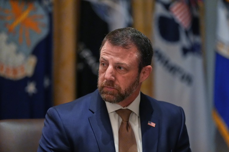 Homeland Security Secretary Markwayne Mullin listens during a Cabinet meeting at the White House, Thursday, March 26, 2026, in Washington.