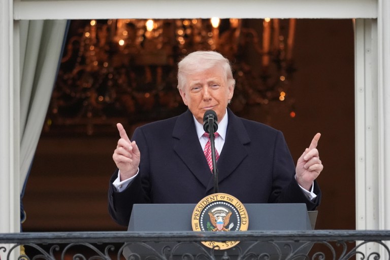 President Donald Trump speaks during an event with farmers on the South Lawn of the White House.