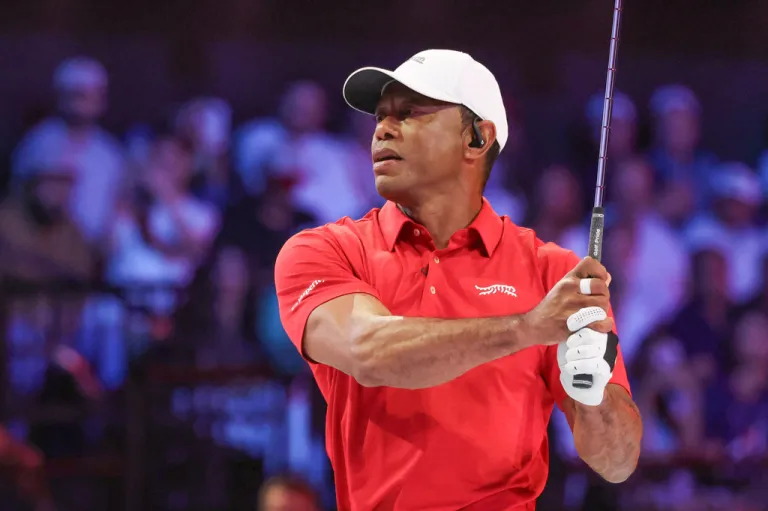Tiger Woods hits a tee shot on Tuesday, March 24, 2026, in Palm Beach Gardens, Florida.