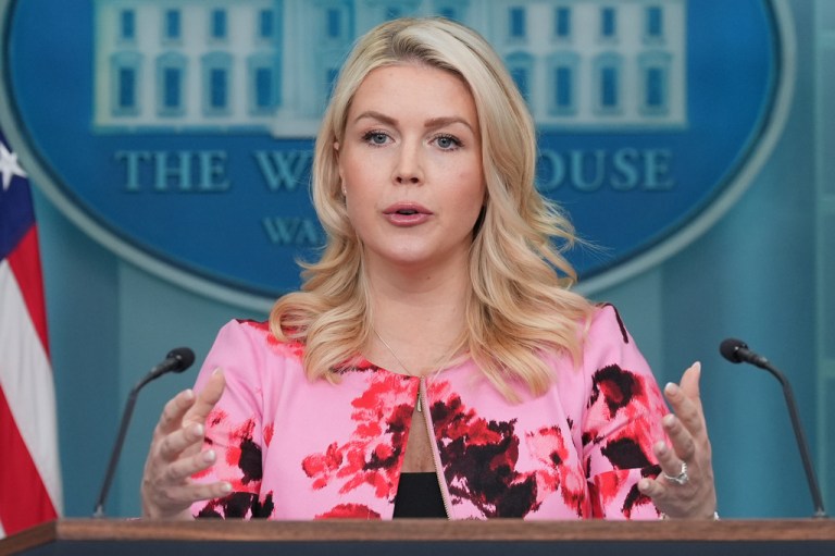 White House press secretary Karoline Leavitt speaks with reporters in the James Brady Press Briefing Room at the White House, Monday, March 30, 2026, in Washington. (AP Photo/Alex Brandon)