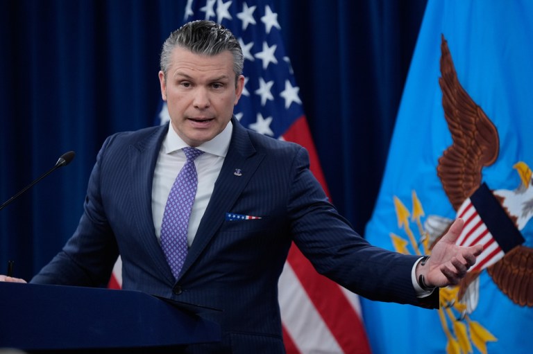 Defense Secretary Pete Hegseth speaks to members of the media during a press briefing at the Pentagon