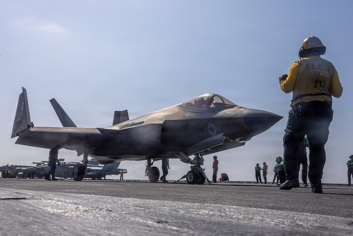 This image provided by U.S. Central Command shows a F-35C Lightning preparing to launch from the USS Abraham Lincoln (CVN 72) in support of Operation Epic Fury, on Saturday, Feb. 28, 2026. (U.S. Navy via AP)