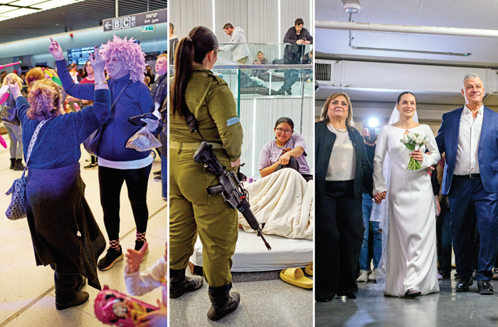 At left and center, underground metro stations used as bomb shelters in Ramat Gan, Israel, host a celebration of the Jewish holiday of Purim, March 2, 2026, and makeshift sleeping quarters, March 10, 2026; at right, an improvised wedding in a bomb shelter in Tel Aviv, March 3, 2026. (Left and center, Oded Balilty/AP; right, Alexi J. Rosenfeld/Getty)