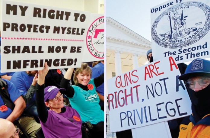 Down this road before: At left, gun-rights protesters display signs at a state Senate committee meeting in Richmond, Jan. 13, 2020; at right, a protest outside the Virginia Capitol, Jan. 20, 2020. (IImages: Steve Helber/AP)