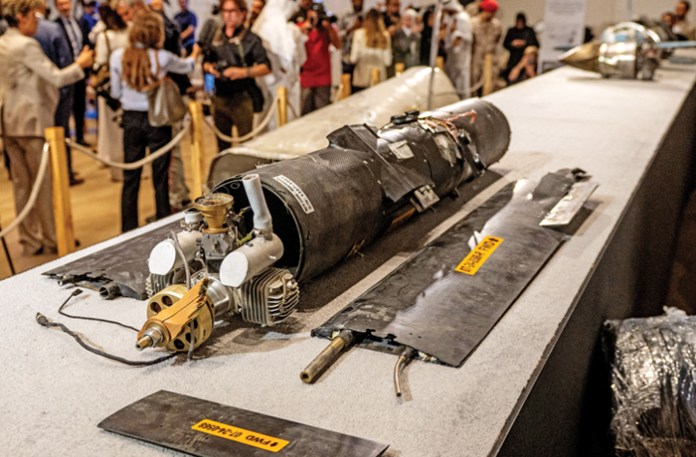 Pieces of missiles and drones recovered after attacks by Iran are displayed during a press briefing by the United Arab Emirates in Abu Dhabi, March 3, 2026. (Ryan Lim/AFP/Getty)