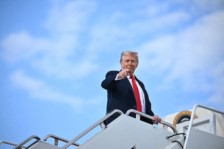 US President Donald Trump points as he boards Air Force One at Joint Base Andrews, Maryland, on September 11, 2025. Trump is going to New York for a Yankees baseball game. (Photo by Mandel NGAN / AFP) (Photo by MANDEL NGAN/AFP via Getty Images)