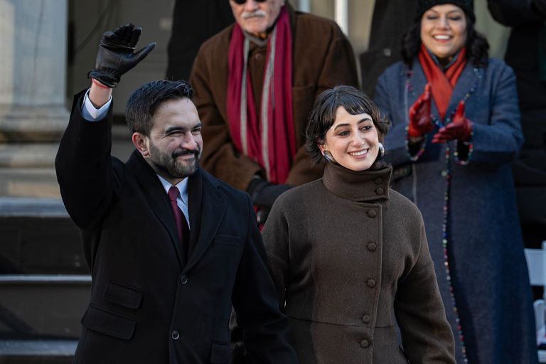 NEW YORK, NEW YORK - JANUARY 01: New York Mayor Zohran Mamdani and his wife Rama Duwaji after his ceremonial inauguration as mayor at City Hall Thursday January 1, 2026 in New York, NY. Mamdani has added a 