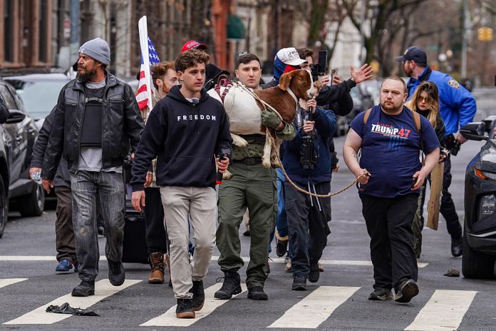 Right-wing influencer Jake Lang carries a goat at a protest organized by the influencer on March 7, 2026 in New York City.