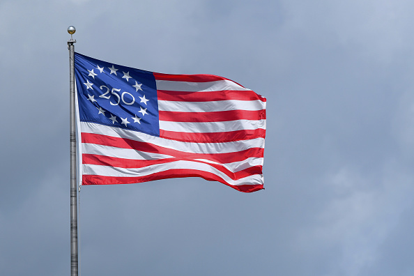 A detailed view of the special commemorative 250th anniversary American Flag flying during the spring training baseball game between the New York Yankees and the Detroit Tigers at Publix Field at Joker Marchant Stadium on March 12, 2026 in Lakeland, Florida. The Yankees defeated the Tigers 4-3.