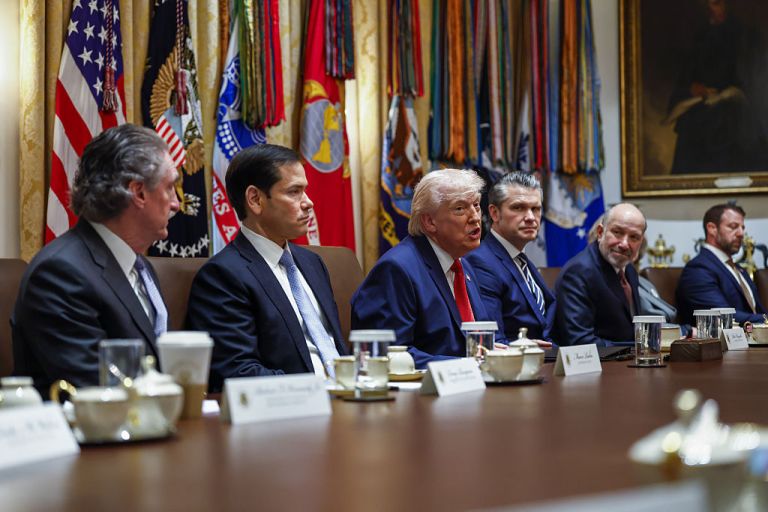 Doug Burgum, US secretary of the interior, from left, Marco Rubio, US secretary of state, US President Donald Trump, Pete Hegseth, US secretary of defense, Howard Lutnick, US commerce secretary, and Markwayne Mullin, secretary of the US Department of Homeland Security (DHS), during a cabinet meeting at the White House in Washington, DC, US, on Thursday, March 26, 2026. Trump threatened Iran with intensified military action after Tehran rejected Washington's push for a peace deal, with the two sides far apart in efforts to end the near month-long war. Photographer: Will Oliver/EPA/Bloomberg via Getty Images