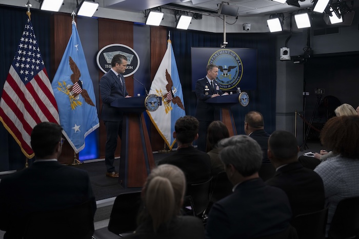 Secretary of War Pete Hegseth and Chairman of the Joint Chiefs of Staff U.S. Air Force Gen. Dan Caine conduct a press briefing on Operation Epic Fury at the Pentagon, Washington, D.C., March 13, 2026. (DoW photo by U.S. Air Force Staff Sgt. Milton Hamilton)