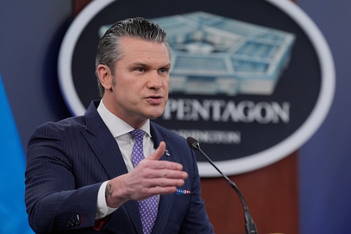 Defense Secretary Pete Hegseth speaks to members of the media during a press briefing at the Pentagon in Washington, Tuesday, March 31, 2026. (AP Photo/Manuel Balce Ceneta)